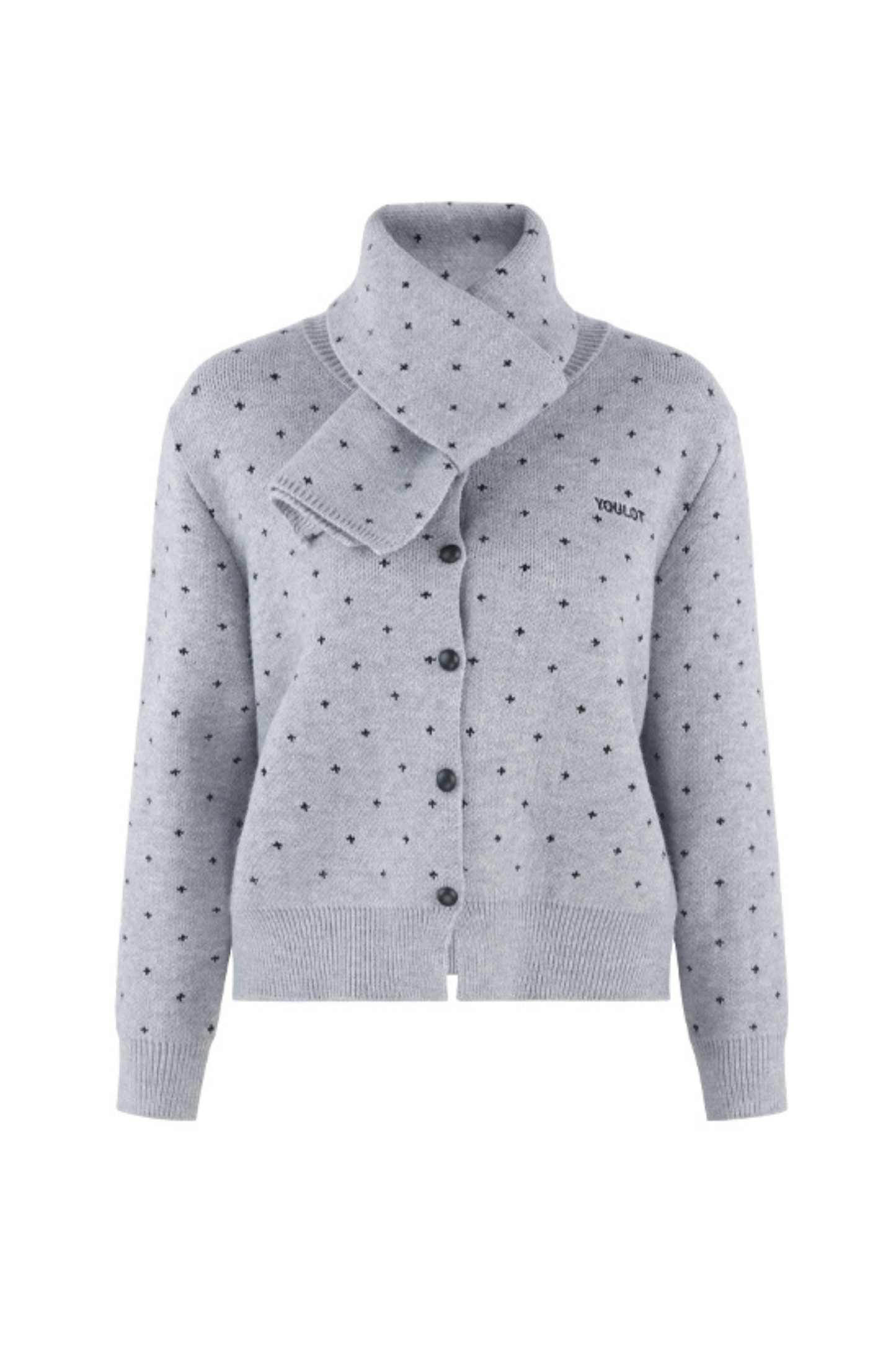 French Style Dotted Cardigan With Scarf