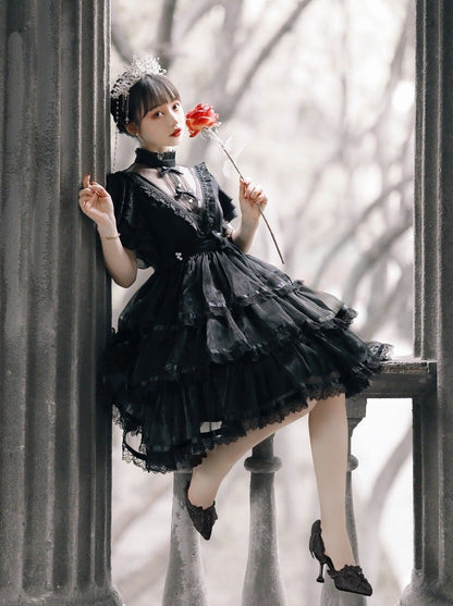 Stand Collar Ruffle Tiered Airy Dress