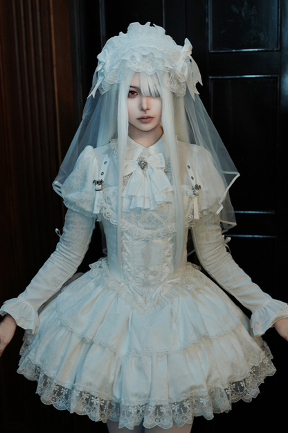 White Gothic Gemini Lolita Dress + Corset + Ribbon + Headband + Veil