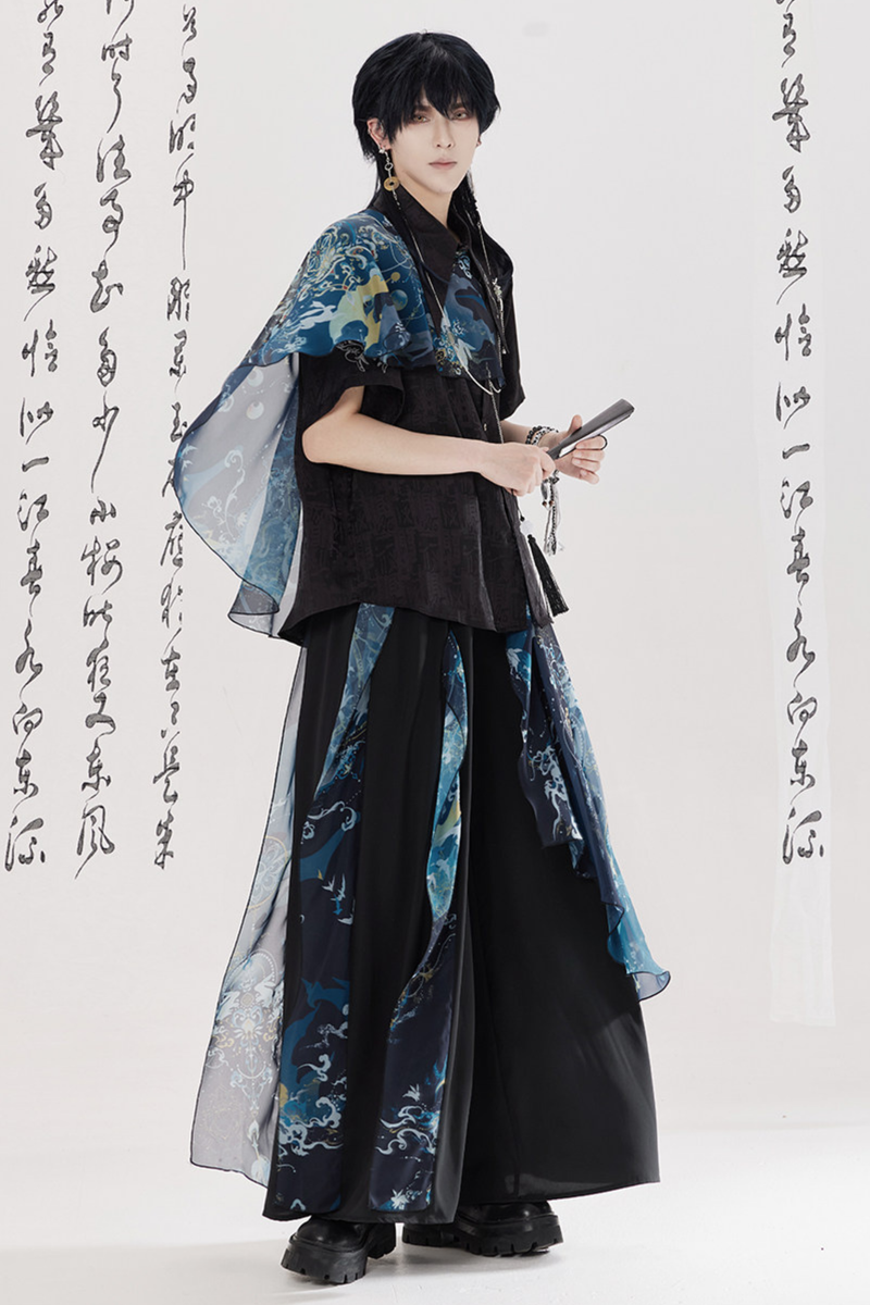 Dark Chinese-style Shirt + Wide Leg Pants + Chain + Belt