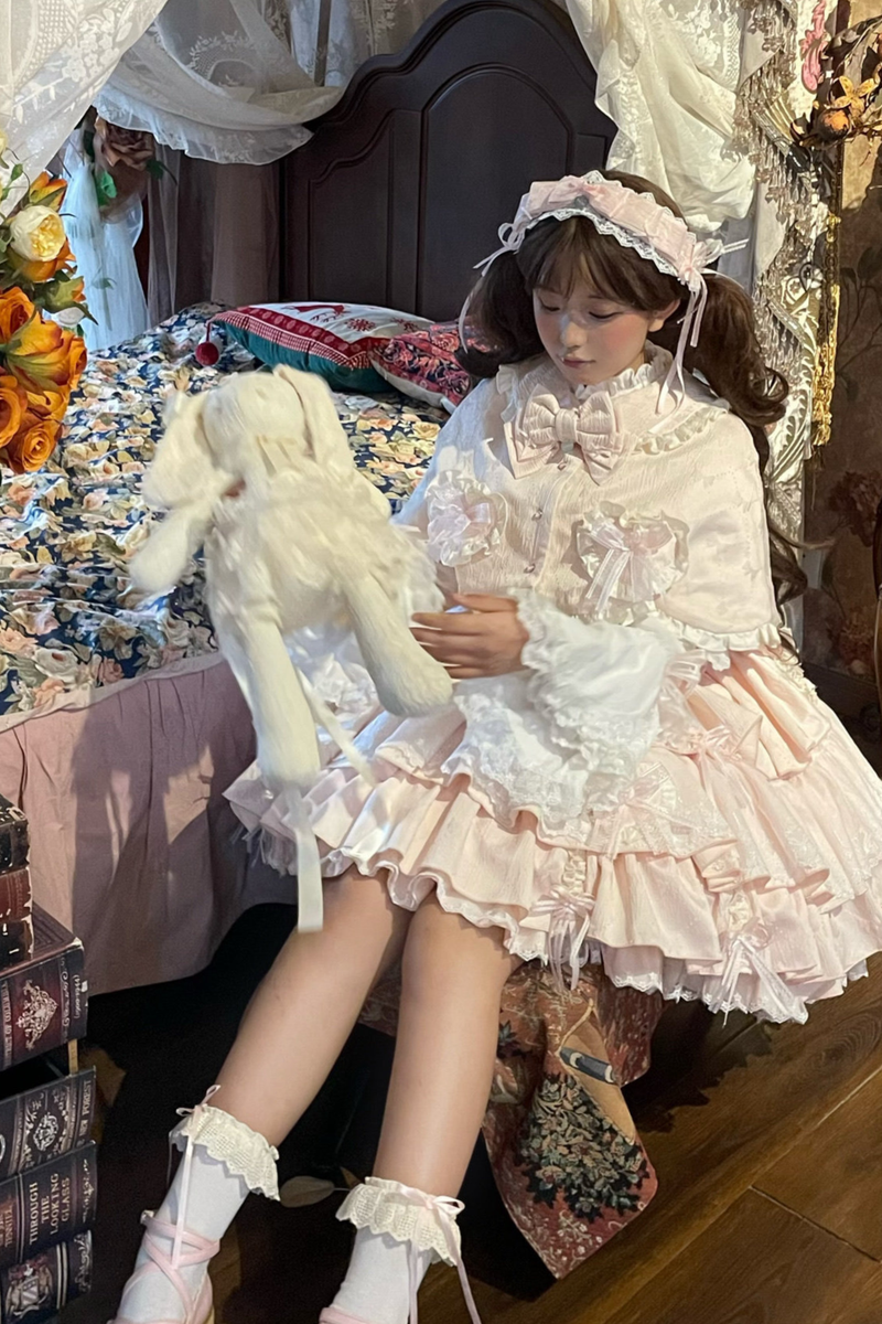 Layered Ruffle Sweet Princess Lolita Jumper Skirt + Tail + Headband + Cape + Bonnet