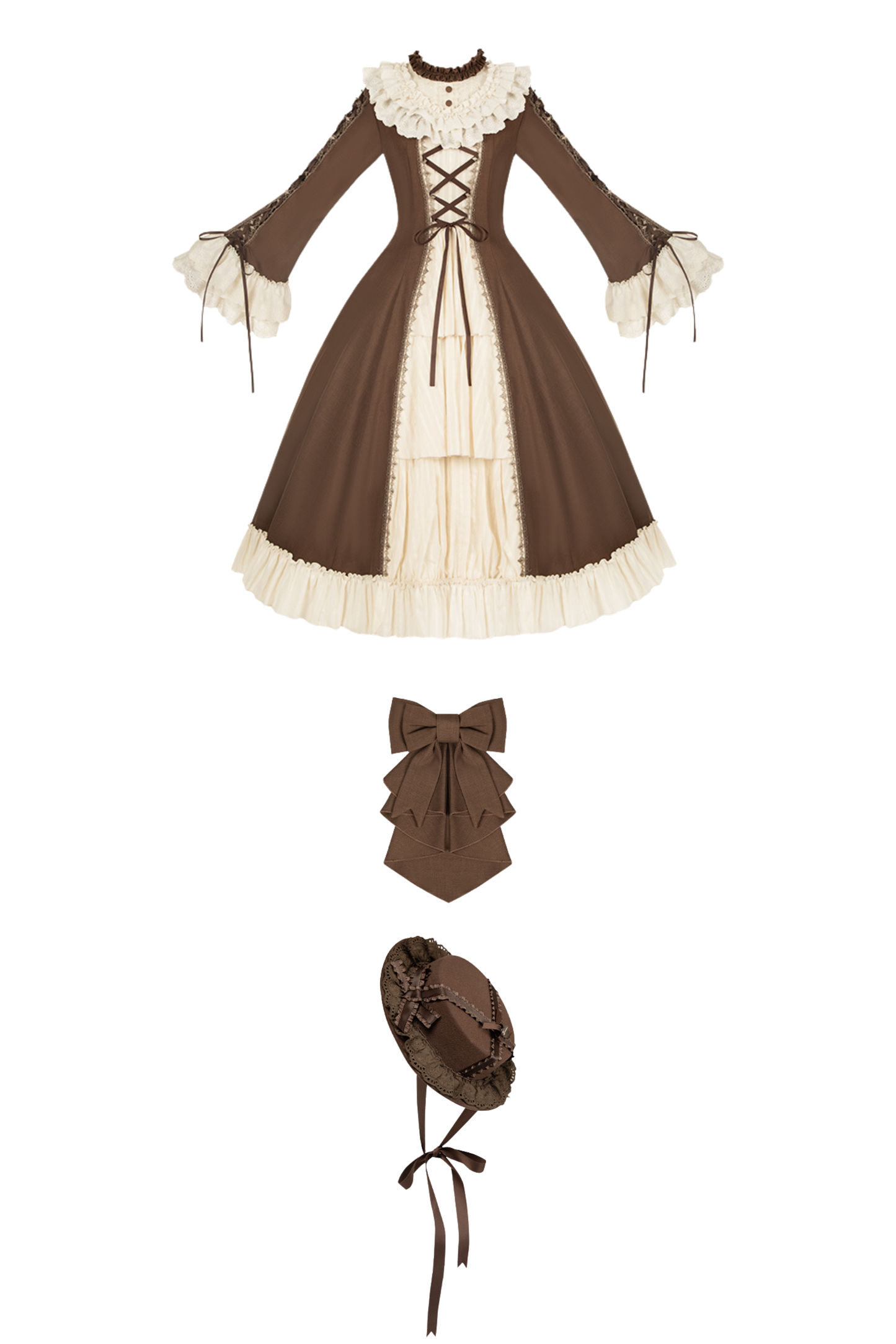 Lace Stand Collar Flared Sleeve Twin Doll Lolita Dress + Collar + Hat