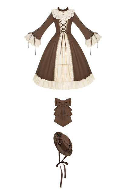 Lace Stand Collar Flared Sleeve Twin Doll Lolita Dress + Collar + Hat