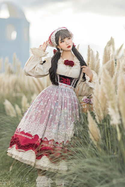 Wine Red [ode to Plenty] Berries and Birds Print Ruffle Bowknot Velvet Classic Lolita Breast Support Jsk Dress