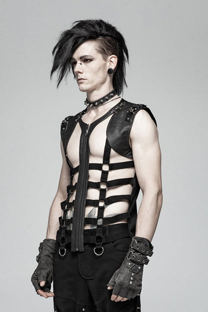 Black Sleeveless Metal Buckles Hollow Faux Leather Steampunk Vest