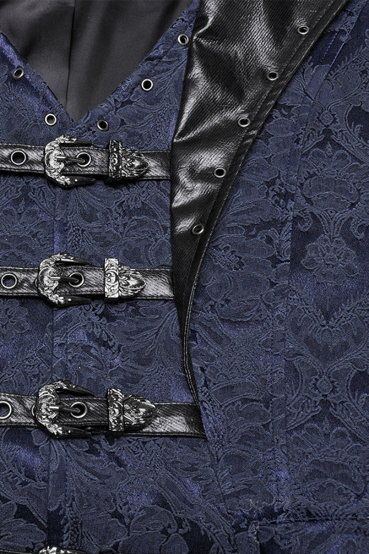 Black/blue Lapel V-neck Sleeveless Jacquard Buckle Gothic Vest