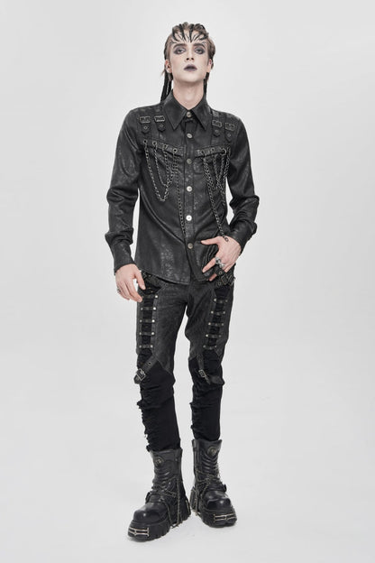 Black Lapel Collar Long Sleeves Buckled Strappy Chain-decorated Punk Shirt