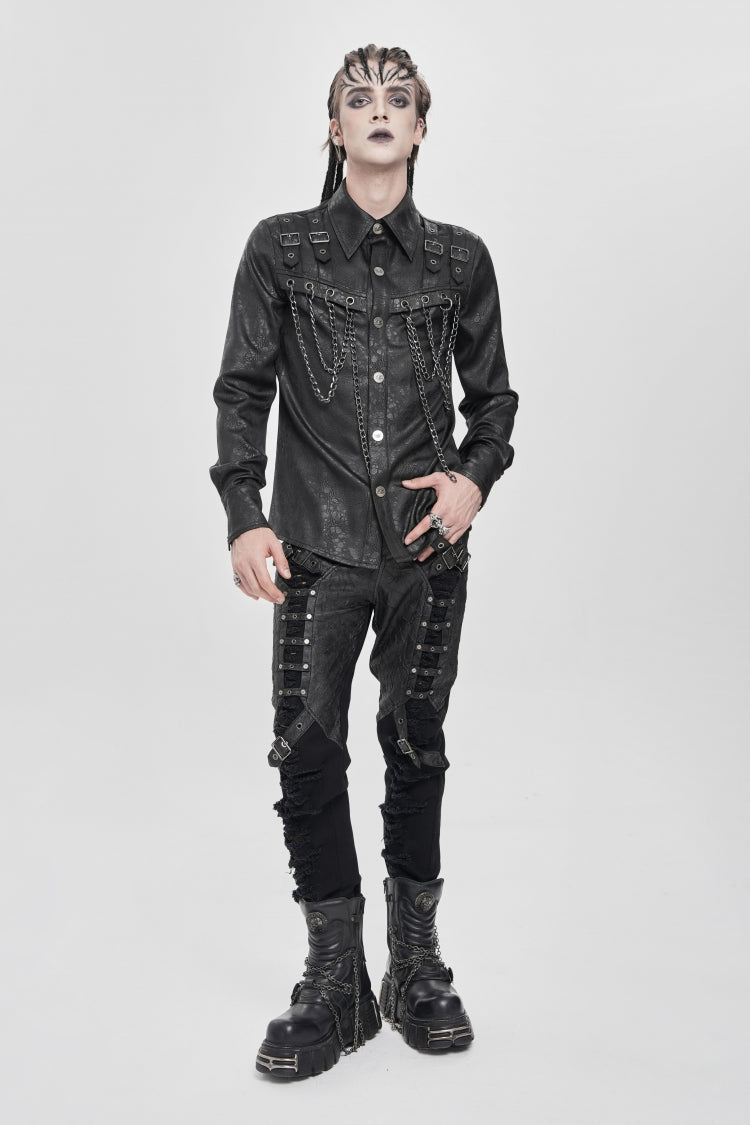 Black Lapel Collar Long Sleeves Buckled Strappy Chain-decorated Punk Shirt