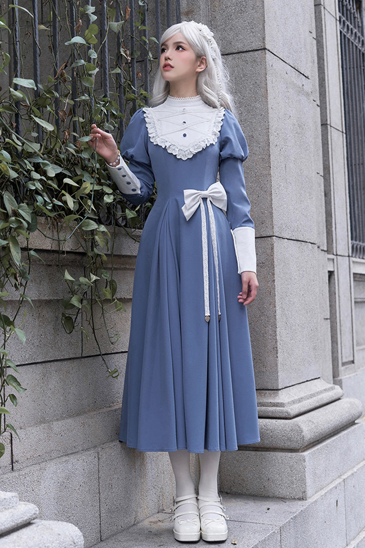 Blue Nun Style Stand Collar Long Sleeves Ruffle Bowknot Classic Lolita Dress
