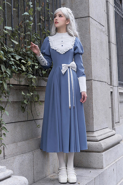Blue Nun Style Stand Collar Long Sleeves Ruffle Bowknot Classic Lolita Dress