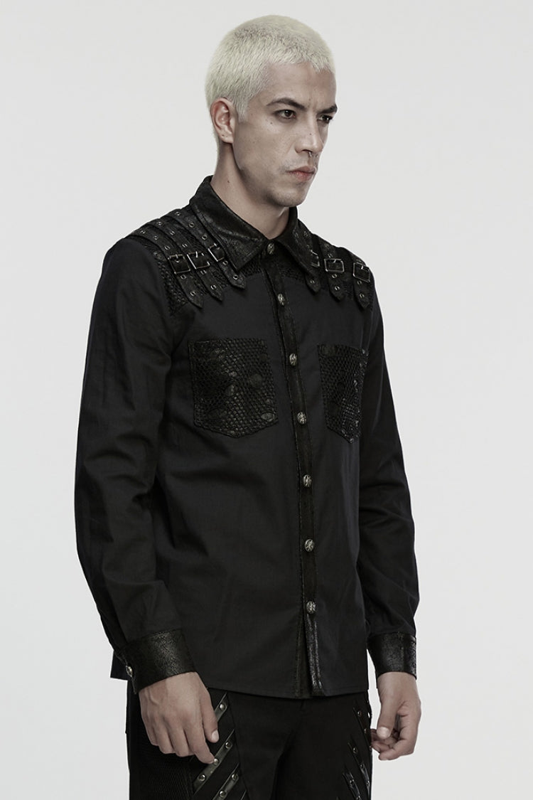 Black Lapel Collar Long Sleeves Stitching Buckle Straps Punk Blouse