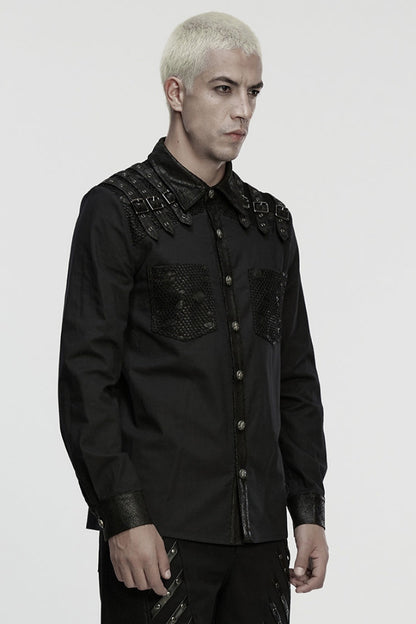 Black Lapel Collar Long Sleeves Stitching Buckle Straps Punk Blouse