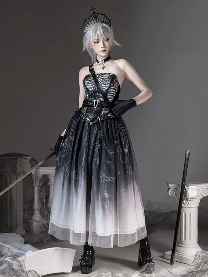 [pre-order Deadline: June 8] Phantom Knight Dark Gothic Skeleton Bustier Corset Top (with Cross Straps + Waist Belt)