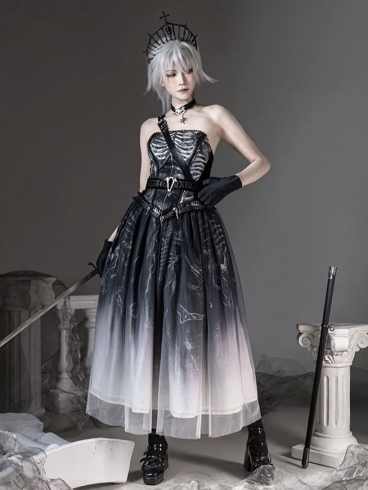 [pre-order Deadline: June 8] Phantom Knight Dark Gothic Skeleton Bustier Corset Top (with Cross Straps + Waist Belt)
