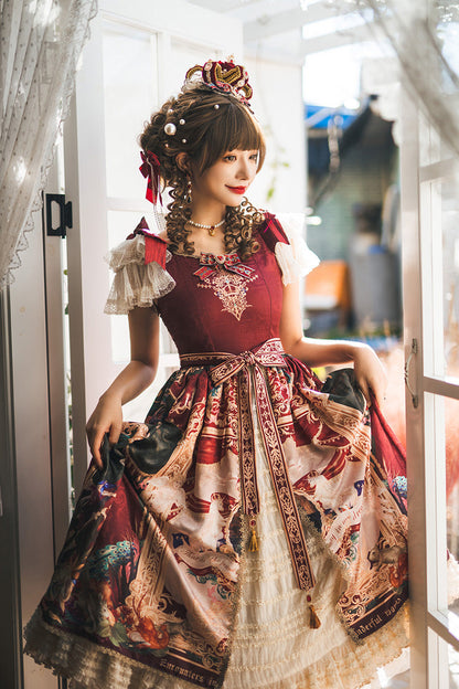 Red [kaleidoscope of Dreams] Flying Sleeves Print Embroidery Cardigan Bowknot Classic Lolita Dress