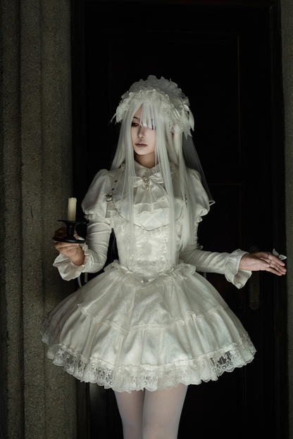 White Gothic Gemini Lolita Dress + Corset + Ribbon + Headband + Veil