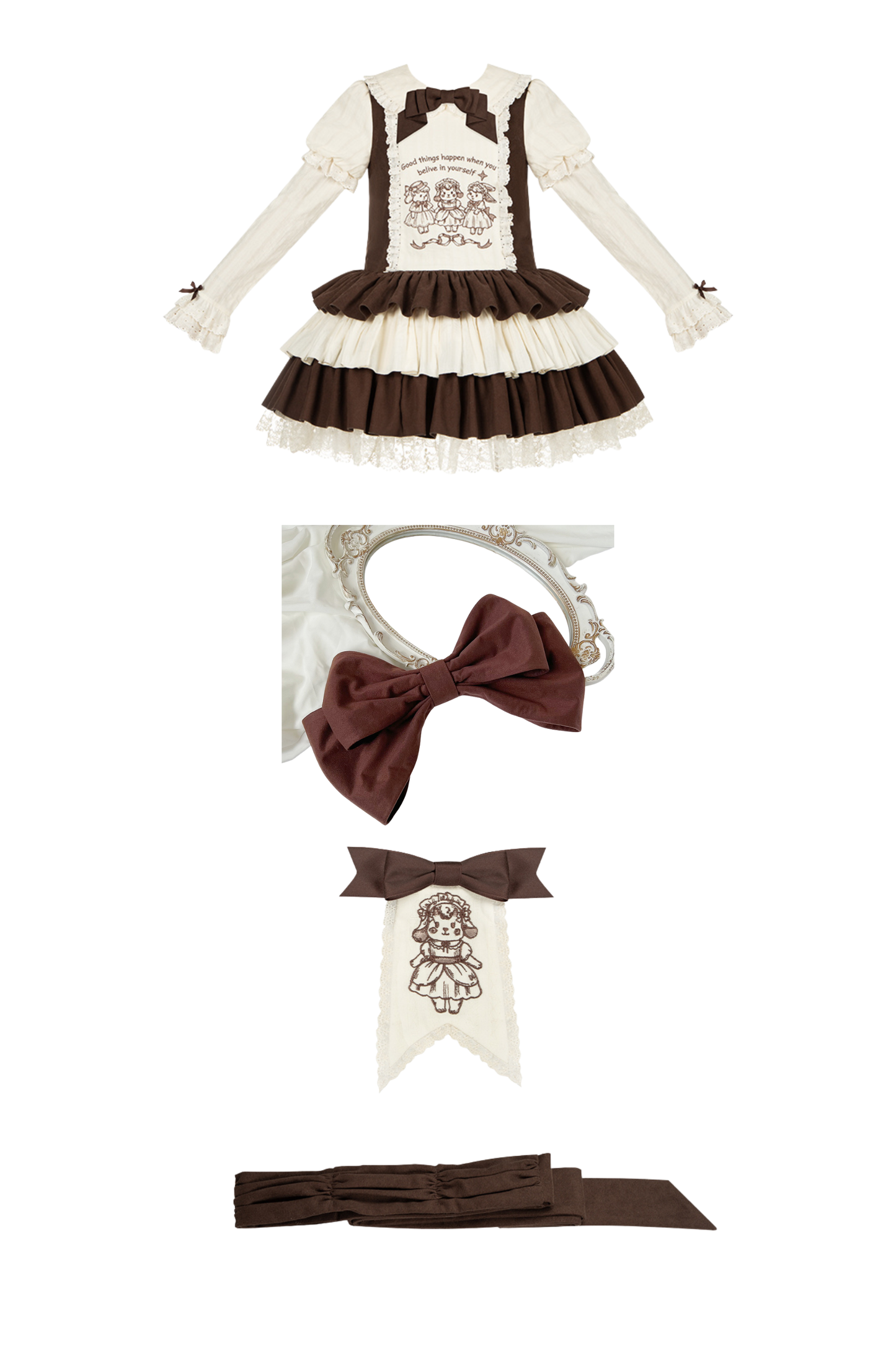 Doll Fairytale Lolita Dress + Bow Brooch + Belt + 2way Embroidery Brooch
