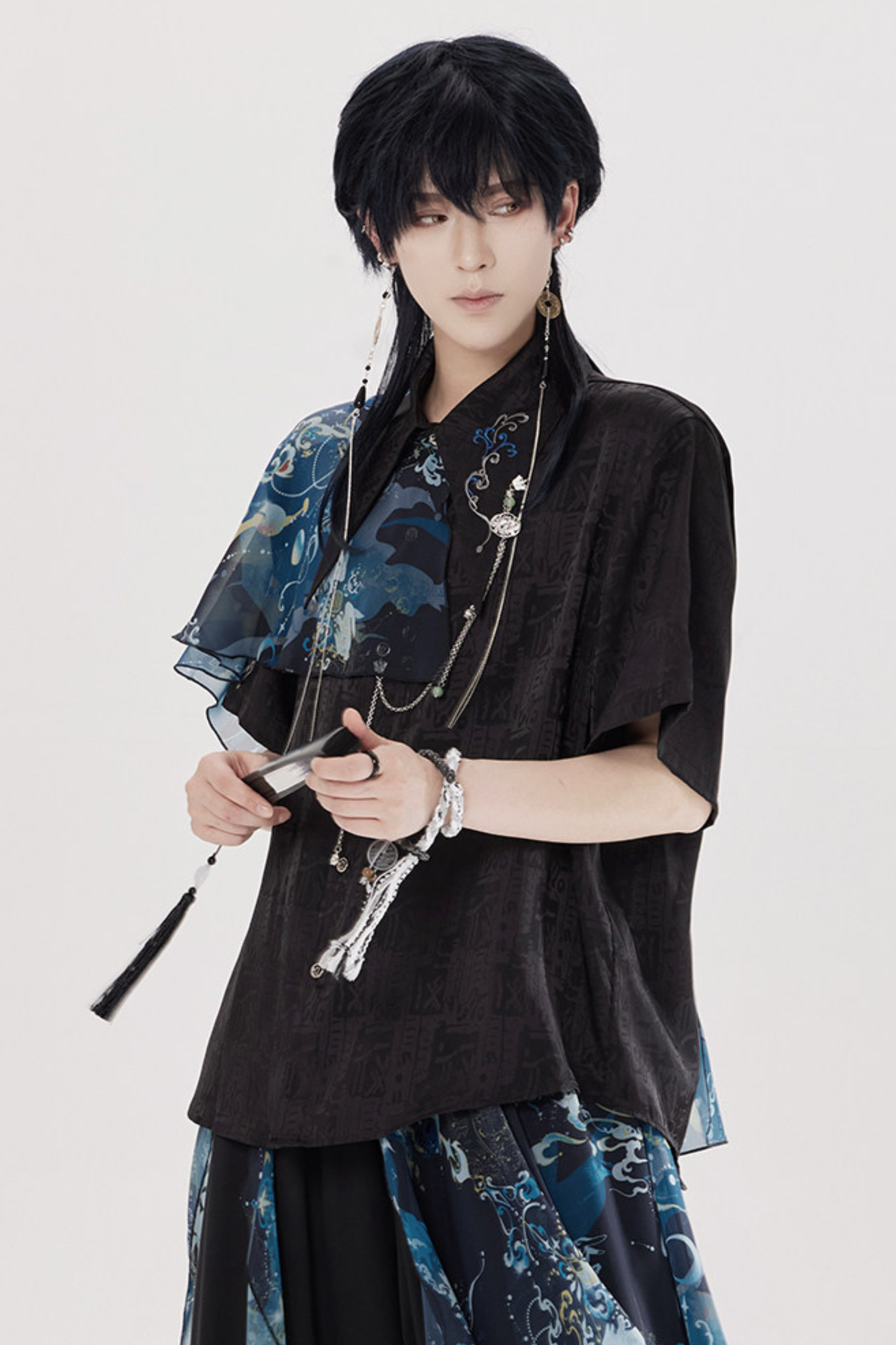 Dark Chinese-style Shirt + Wide Leg Pants + Chain + Belt