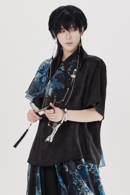 Dark Chinese-style Shirt + Wide Leg Pants + Chain + Belt
