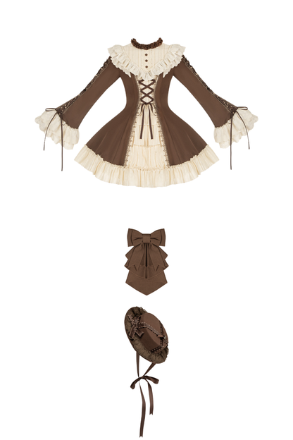 Lace Stand Collar Flared Sleeve Twin Doll Lolita Dress + Collar + Hat