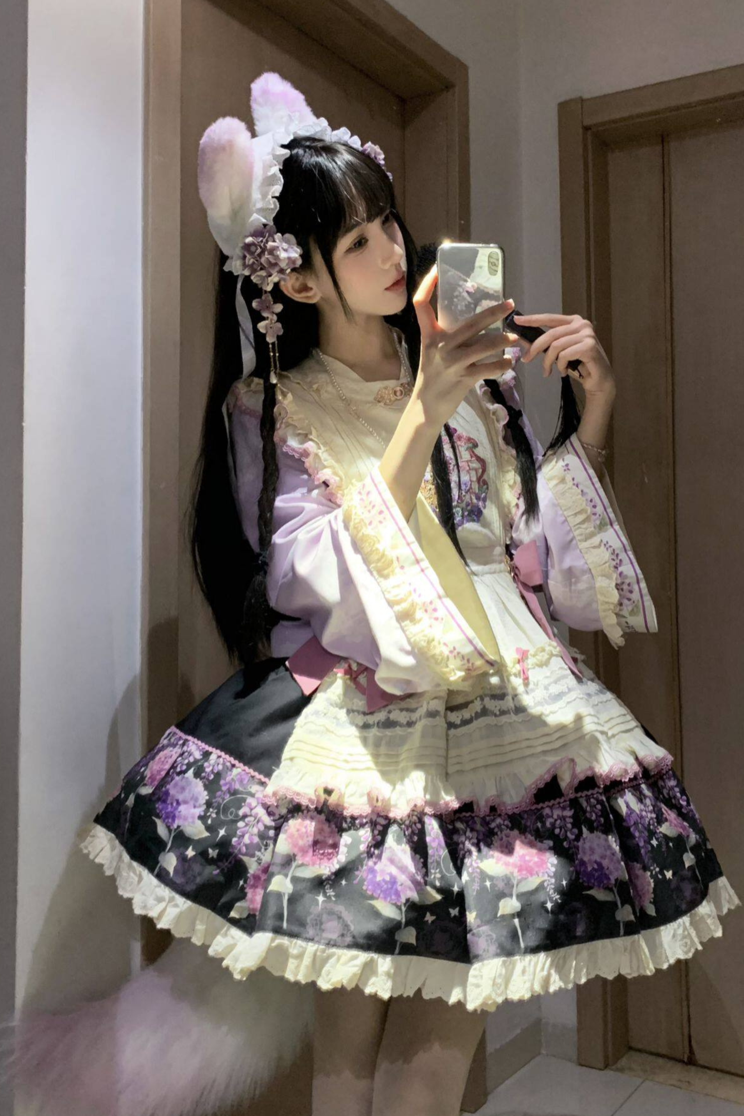 Chinese-style Lolita Top + Skirt + Apron + Headband + Bonnet