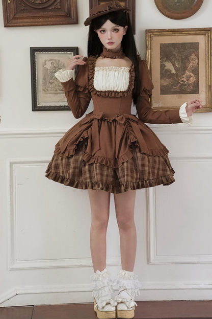 Sweet Checked Doll Dress + 2-way Ribbon + Bow + Hat