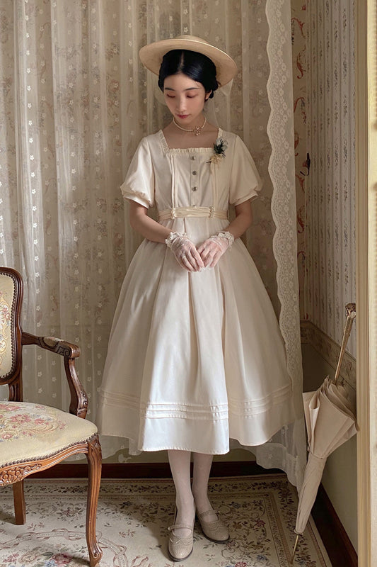 Apricot [random Thoughts] Square Collar Short Sleeves Ruffle Classic Lolita Dress