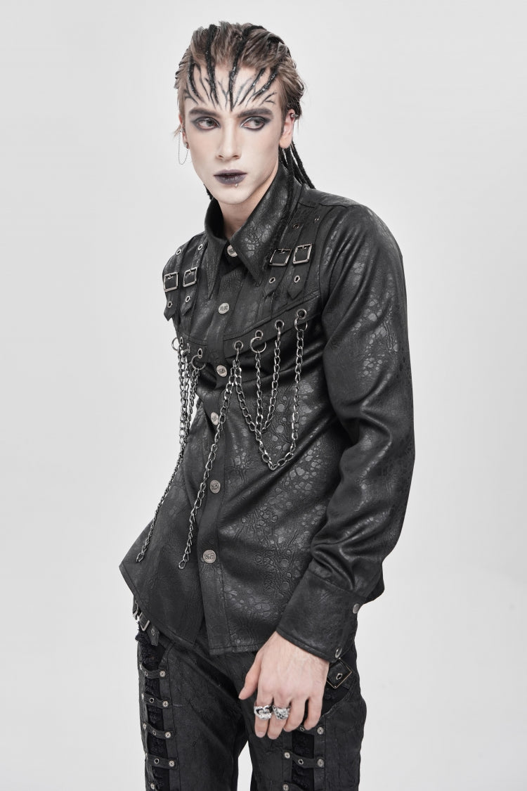 Black Lapel Collar Long Sleeves Buckled Strappy Chain-decorated Punk Shirt
