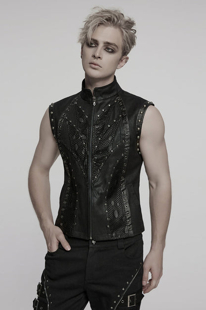 Black Stand Collar Stitching Mesh Punk Vest