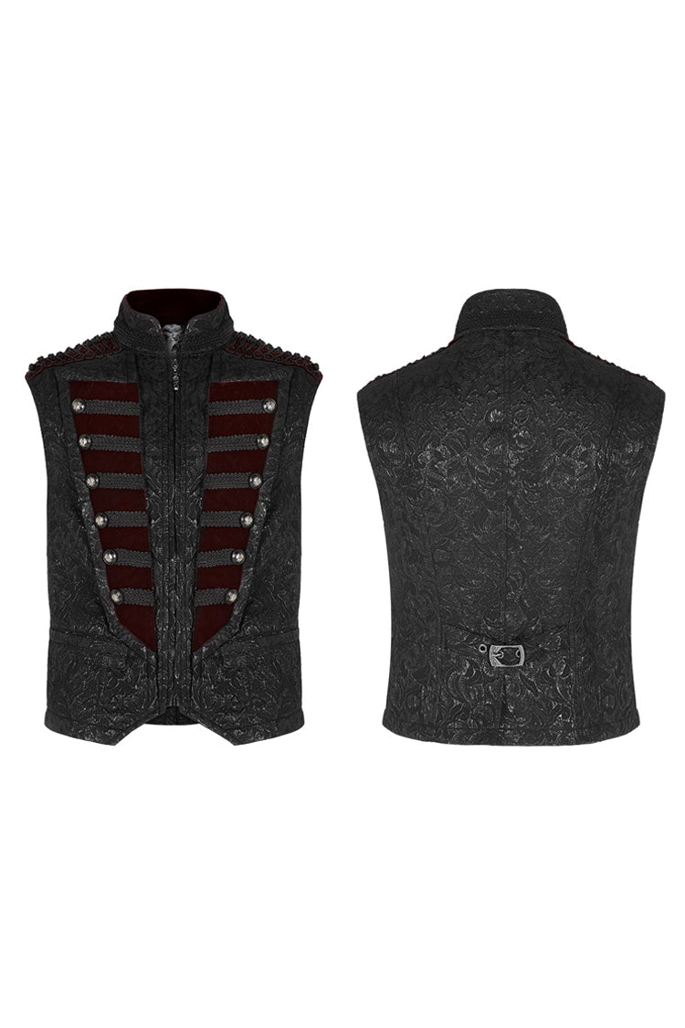 Black Jacquard Velvet Splice Weft Stand Up Collar Front Chest Breasted Decoration Gothic Vest