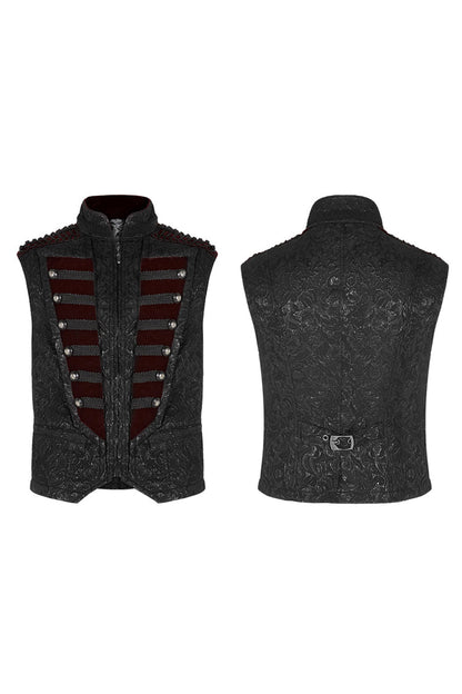 Black Jacquard Velvet Splice Weft Stand Up Collar Front Chest Breasted Decoration Gothic Vest