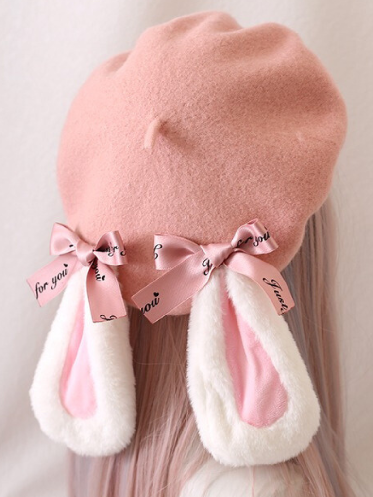 Fur Bunny Ear Ribbon Beret
