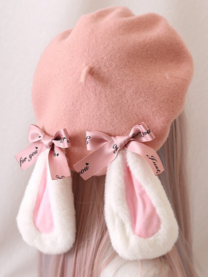 Fur Bunny Ear Ribbon Beret