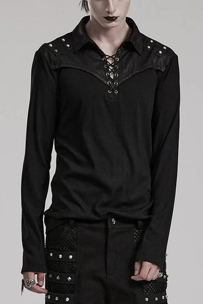 Black Lapel Collar Long Sleeves Stitching Steampunk T-shirt