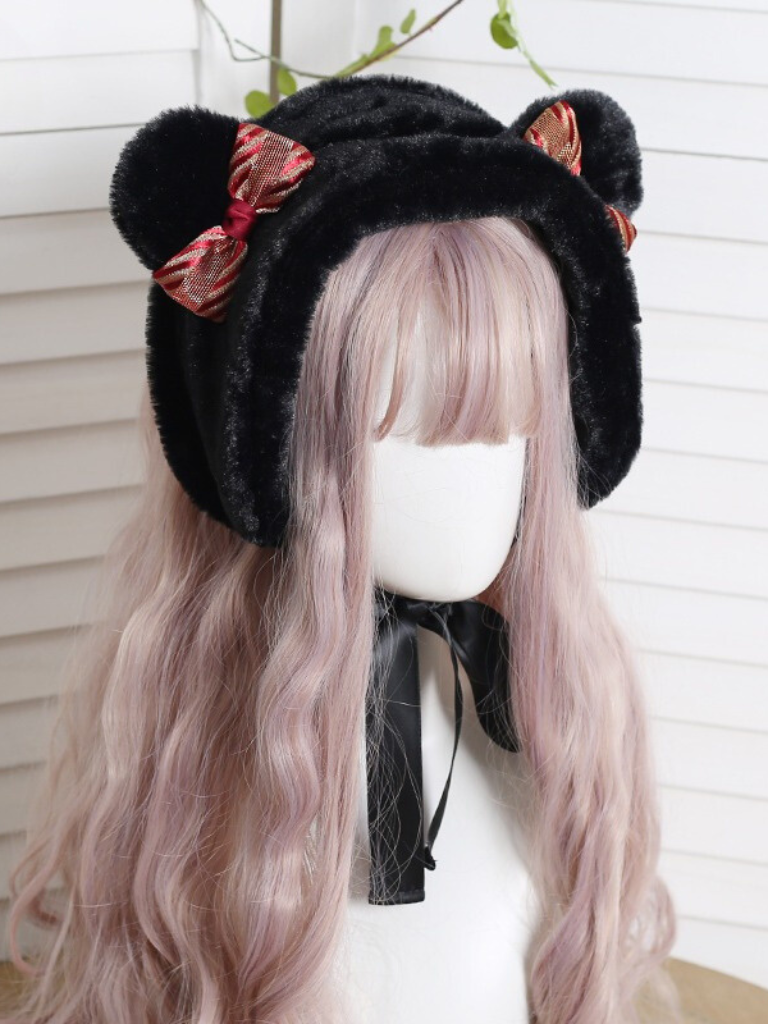 Lolita Grizzly Bear Plaid Ribbon Velvet Earmuff Hat