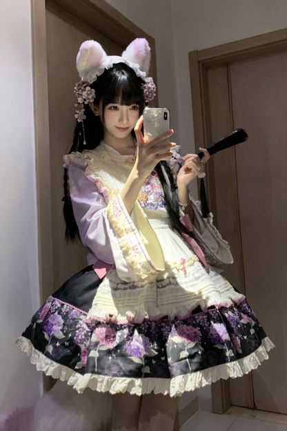 Chinese-style Lolita Top + Skirt + Apron + Headband + Bonnet