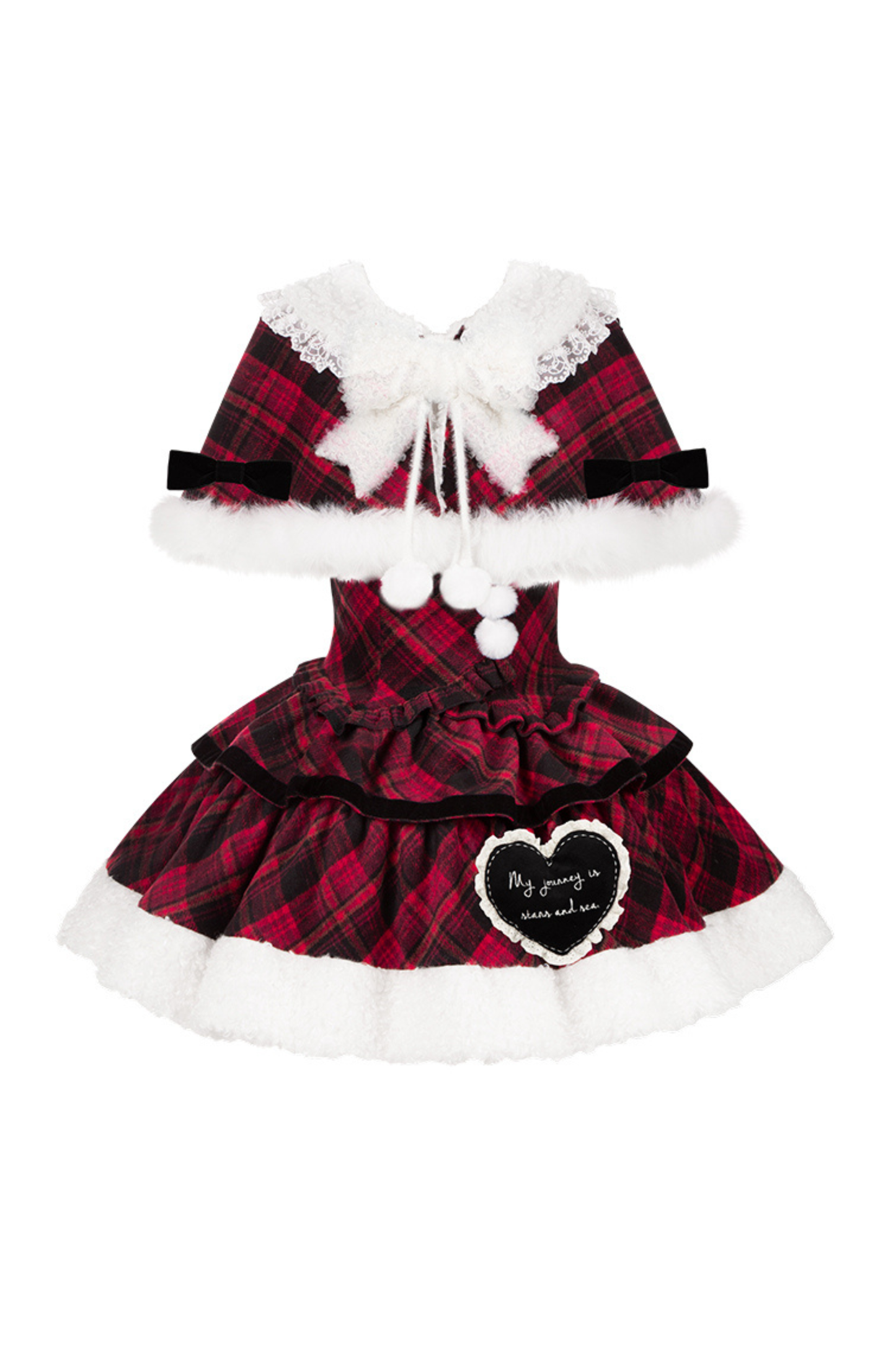 Checked Doll Jumper Skirt + Bow Brooch + Pin + Love Brooch + Shawl + Top + Leg Warmers