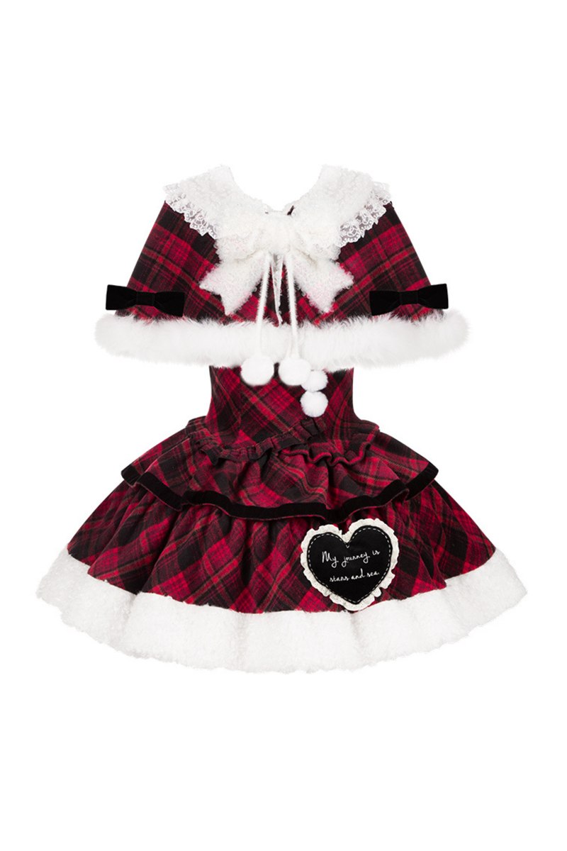 Checked Doll Jumper Skirt + Bow Brooch + Pin + Love Brooch + Shawl + Top + Leg Warmers