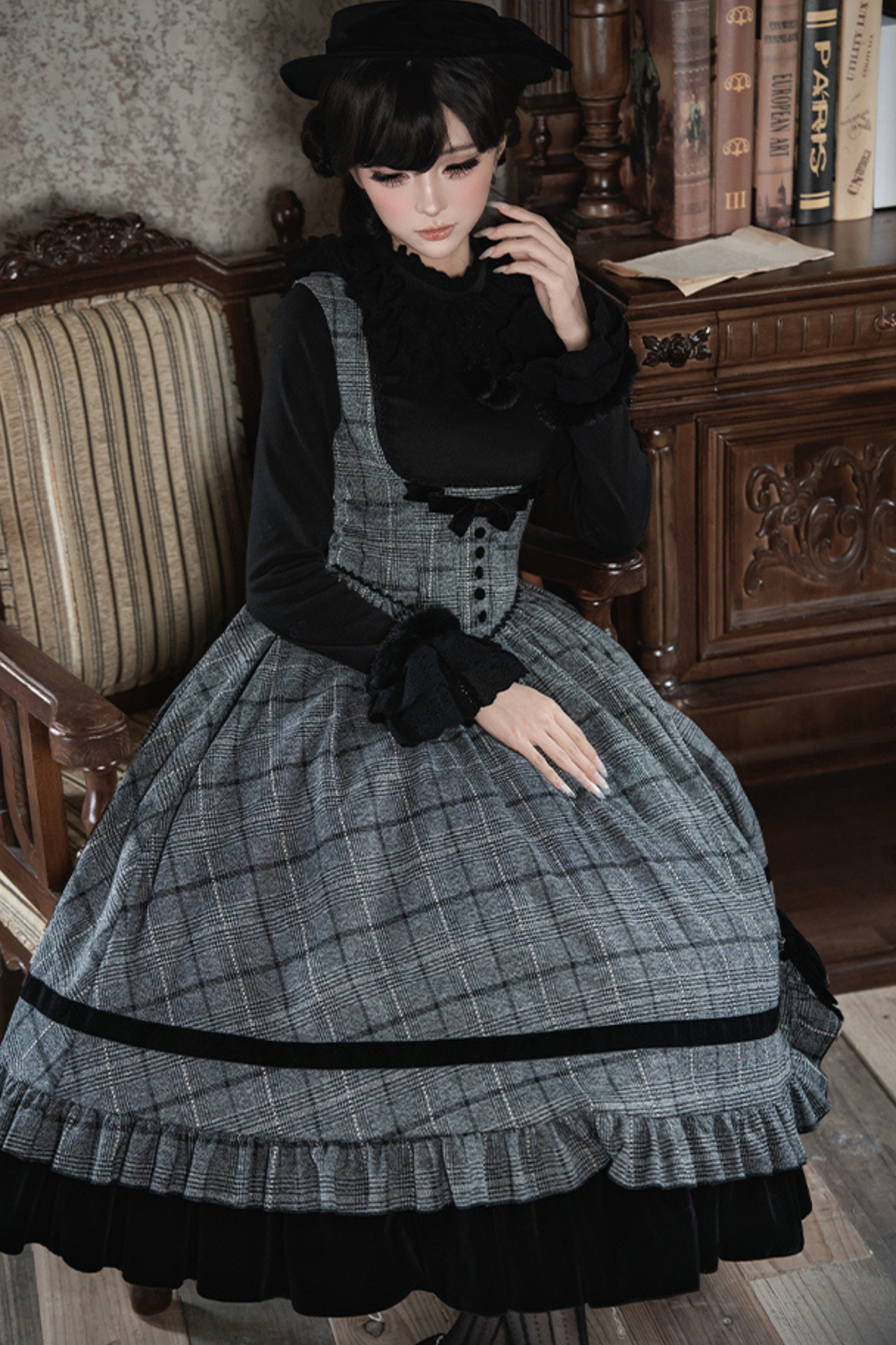 Plaid Fishbone Chest Jsk + Dress + Innerwear + Ribbon + Hat