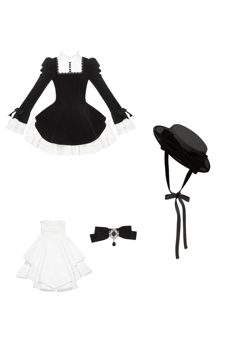 Slim Contrast Color Twin Dress + Collar + Bow + Brooch + Hat