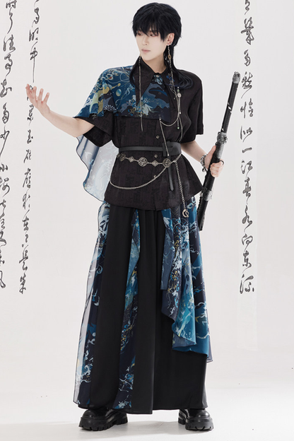 Dark Chinese-style Shirt + Wide Leg Pants + Chain + Belt