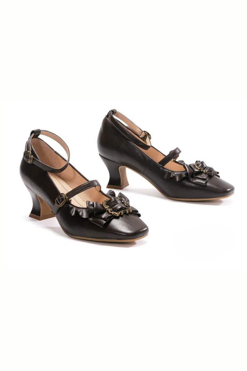 Leather Ribbon Ruffle Lolita Heels
