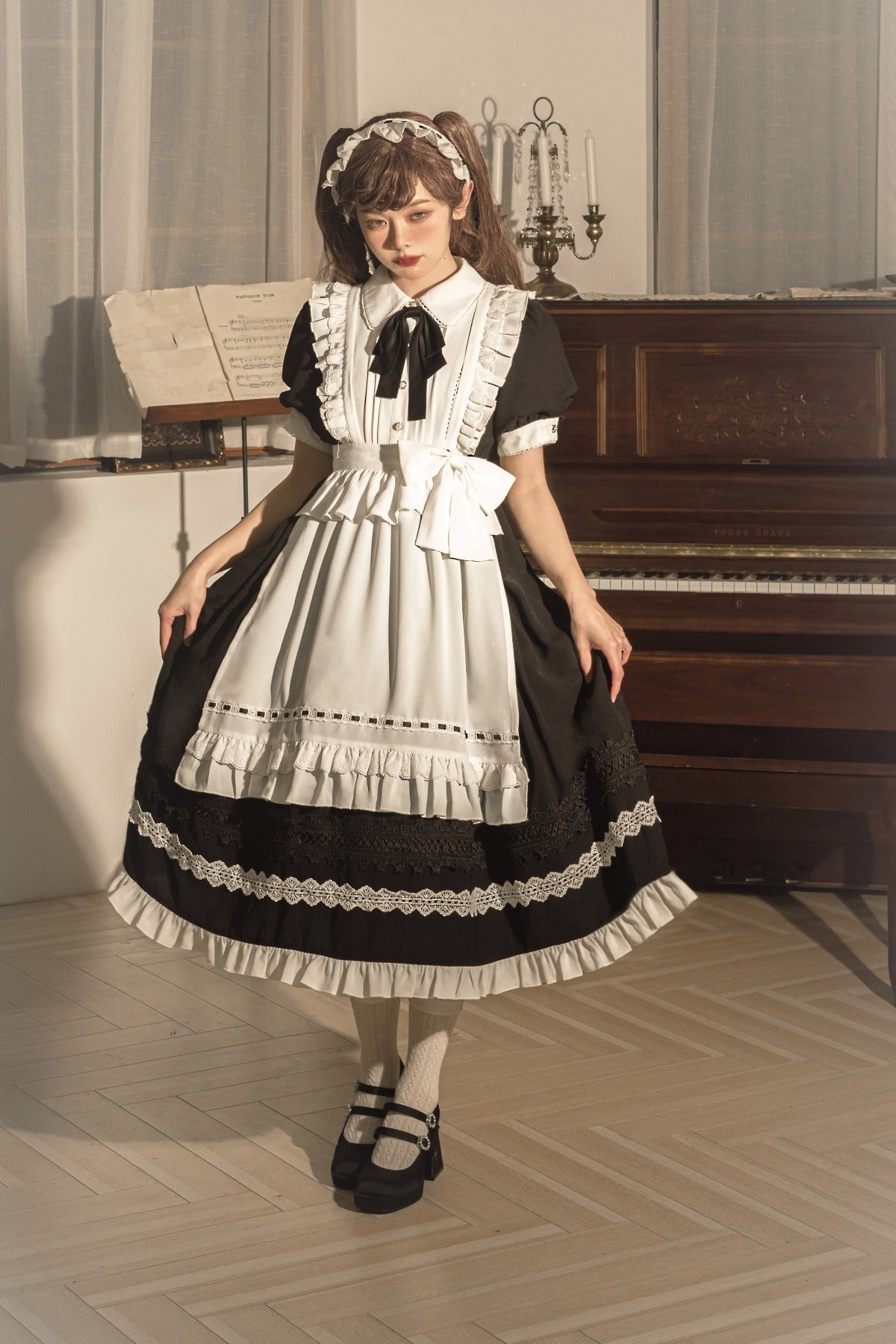 Front Ribbon Lantern Long Sleeve Maid Dress + Ruffle Big Ribbon Apron
