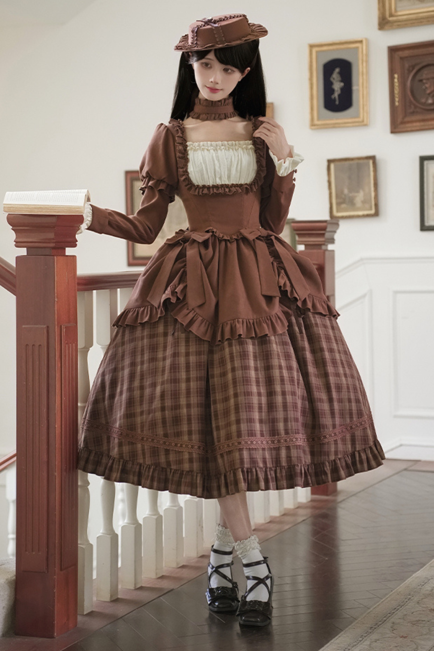 Sweet Checked Doll Dress + 2-way Ribbon + Bow + Hat