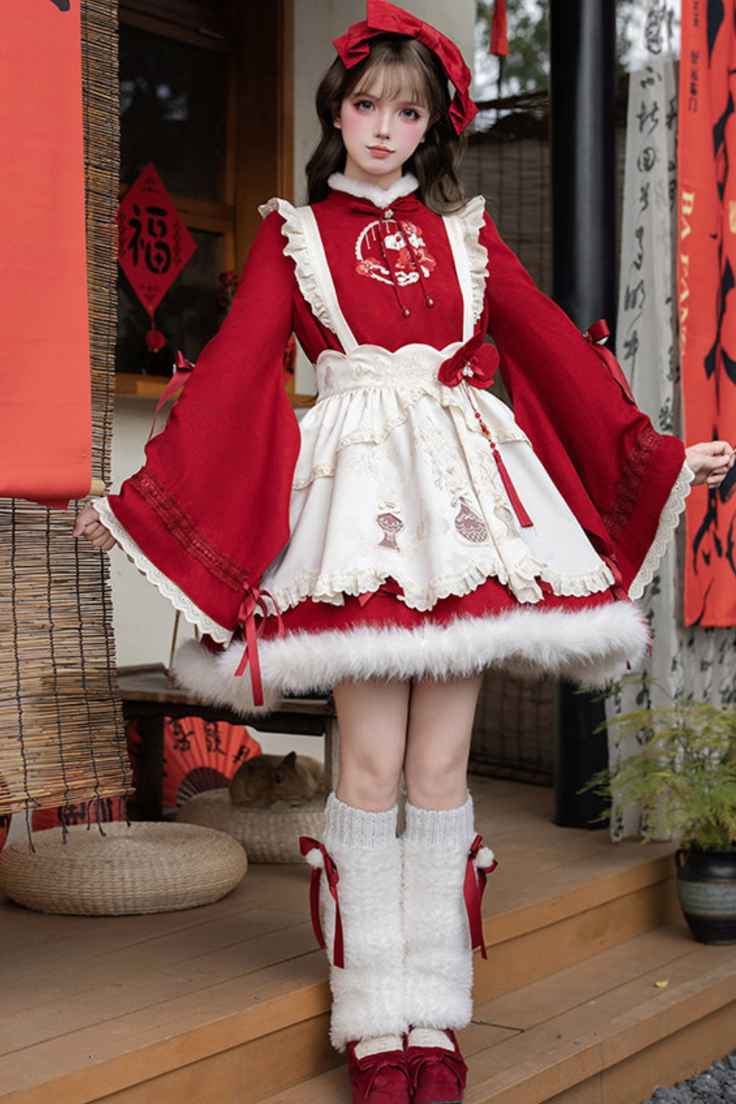 Chinese-style Big Sleeve Dress + Apron + Skirt + Leg Warmers + Hairband + Clip + Pin