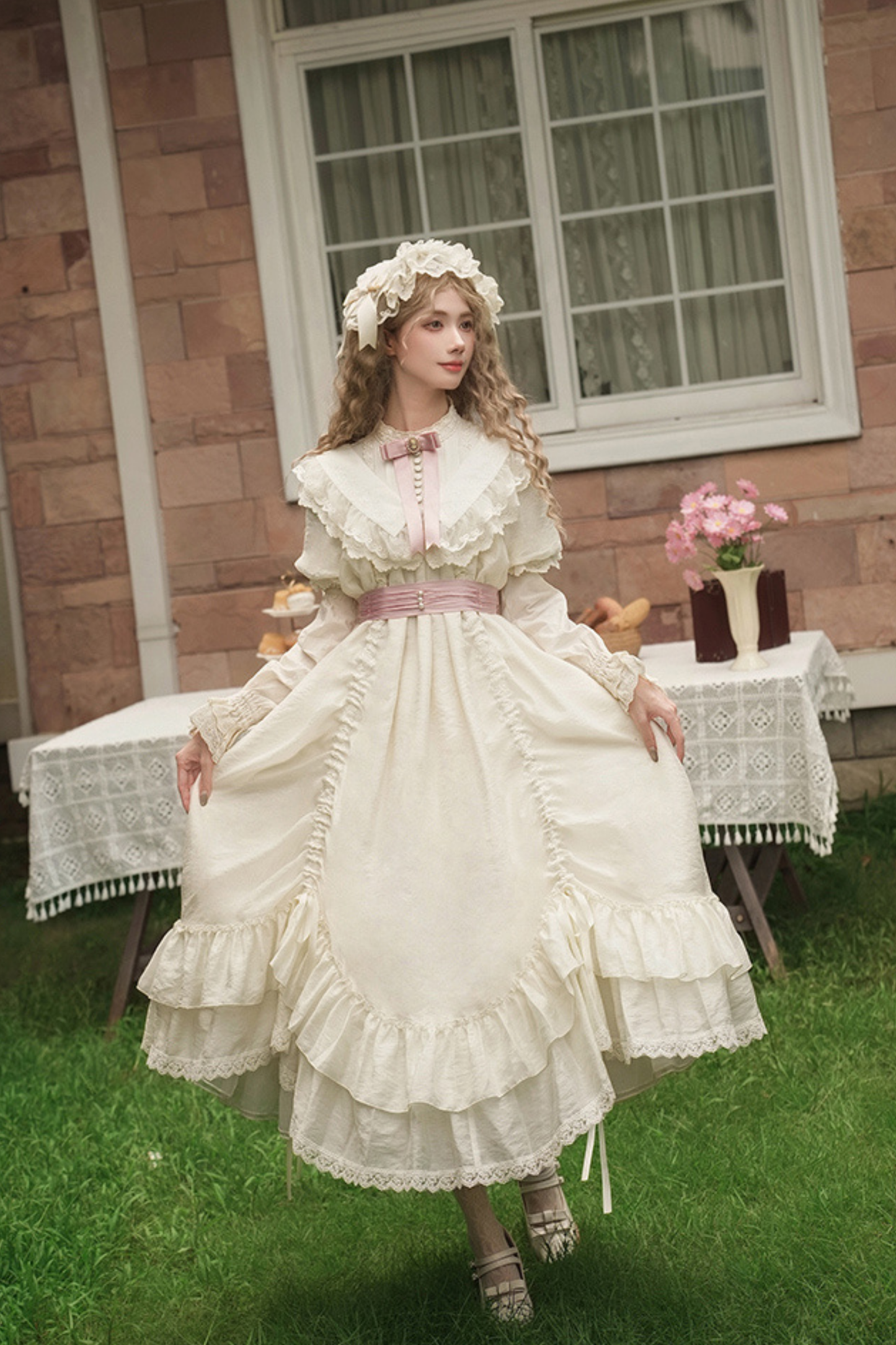 [pre-order] Rose Ruffle Lolita Dress + Dress + Belt + Brooch + Ribbon + Headband + Sleeve