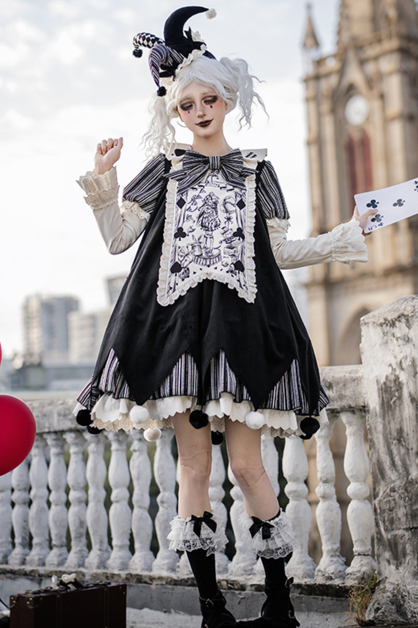 Doll Circus Pierrot Lolita Dress + Headband + Belt + Ribbon + Headband + Panel