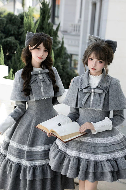 Grey [letters and Poems · Old Memories] Stand Collar Long Sleeves Double-layered Ruffled Bow Classic Lolita Dress 2 Versions