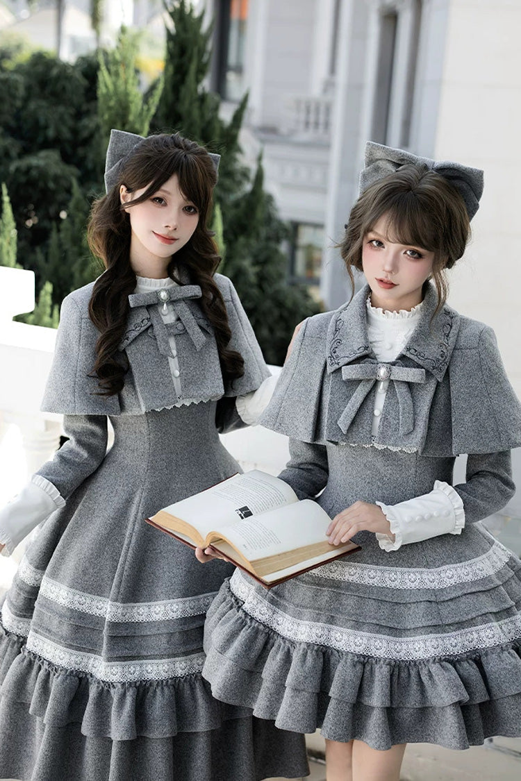 Grey [letters and Poems · Old Memories] Stand Collar Long Sleeves Double-layered Ruffled Bow Classic Lolita Dress 2 Versions