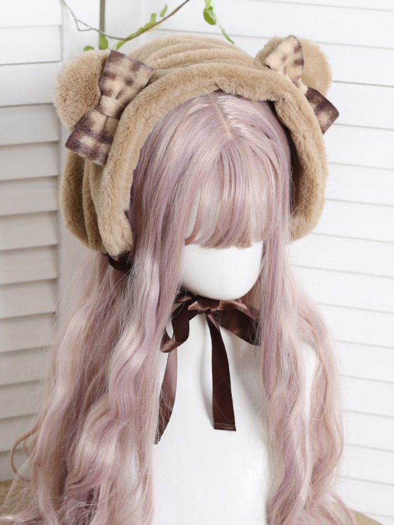 Lolita Grizzly Bear Plaid Ribbon Velvet Earmuff Hat